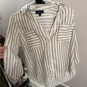 Women's Striped Tan and White 3/4 Top